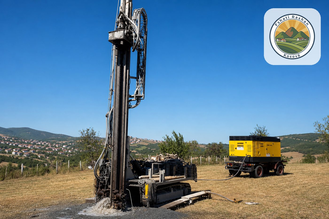 Makineri për gërmim pusi uji në Lagjen Qela të Rashanit, me generator në terren